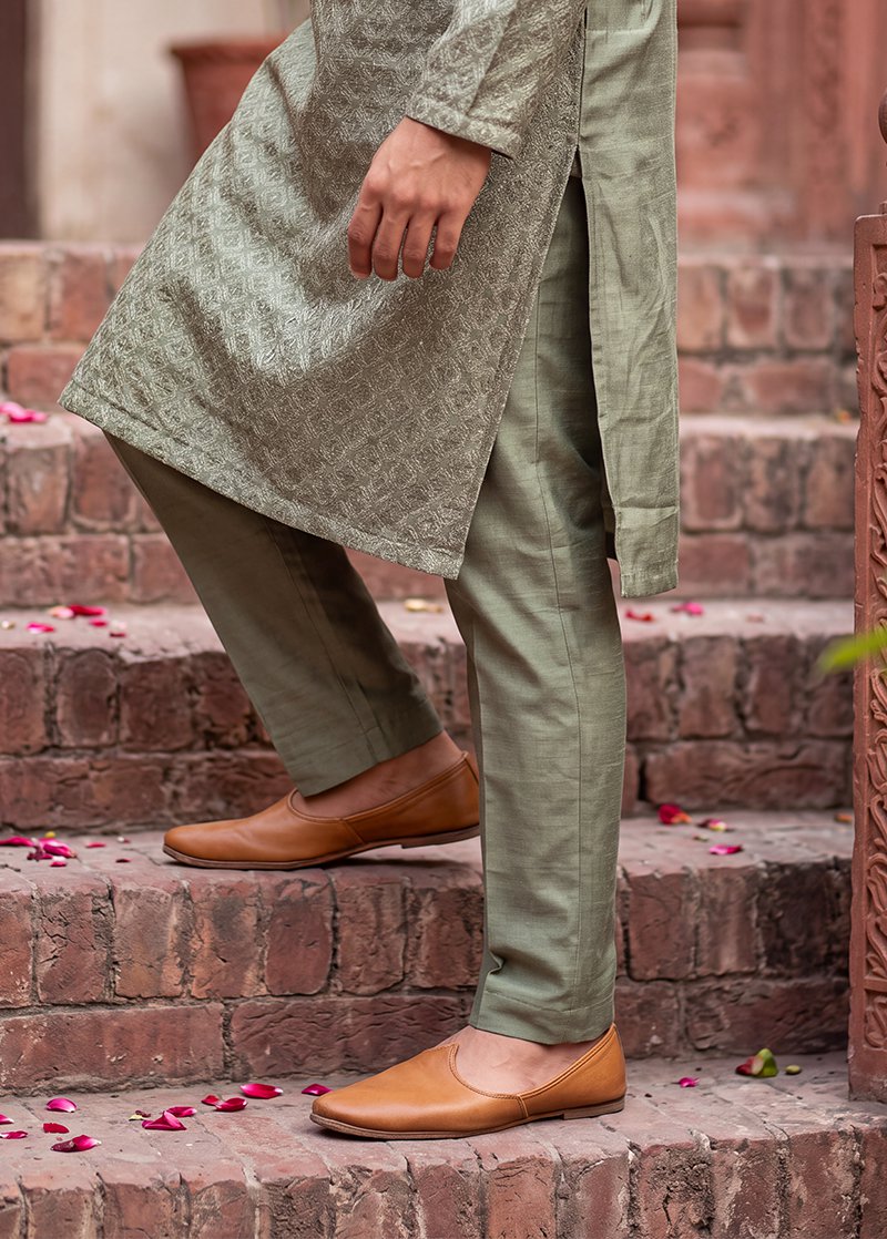 Olive Geometric Heritage Kurta Pajama