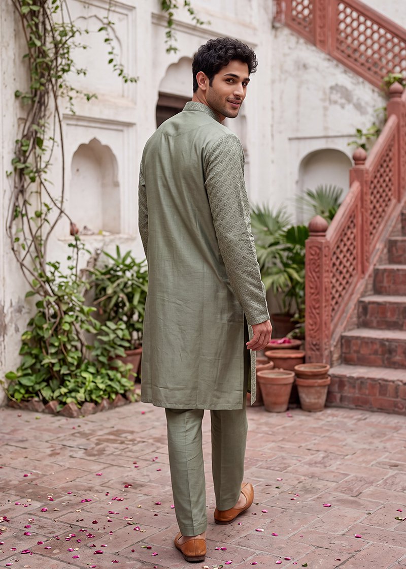 Olive Geometric Heritage Kurta Pajama
