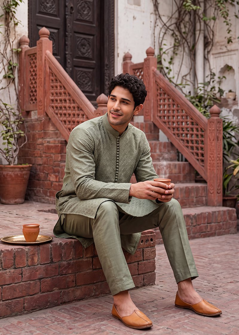 Olive Geometric Heritage Kurta Pajama