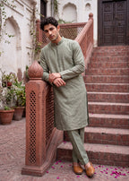 Olive Geometric Heritage Kurta Pajama