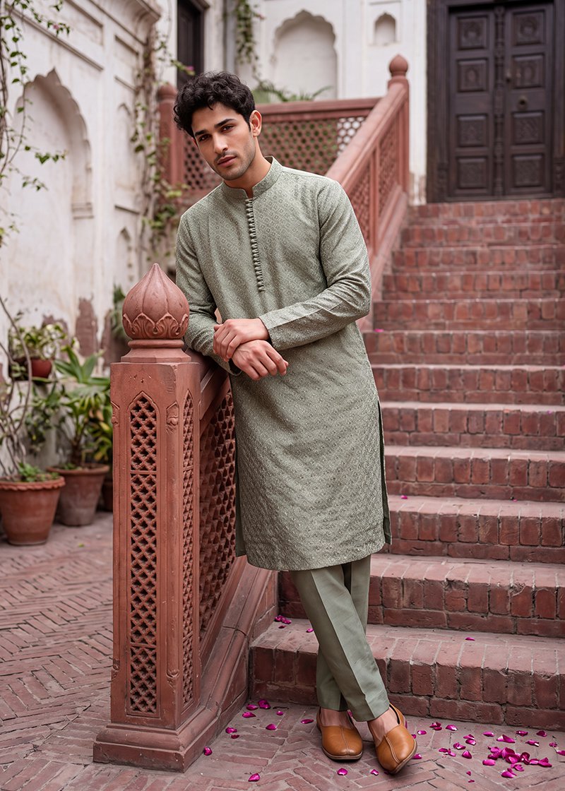 Olive Geometric Heritage Kurta Pajama