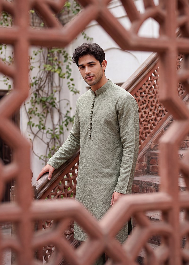 Olive Geometric Heritage Kurta Pajama